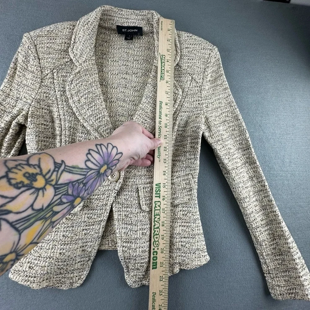 St. John Collection Cream & Tan Tweed Knit Blazer Single Button Size 6 USA